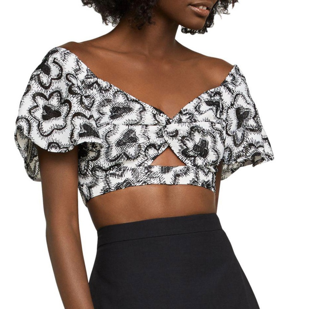 BCBGMaxAzria Black and White Floral Twist-Front Crop Top